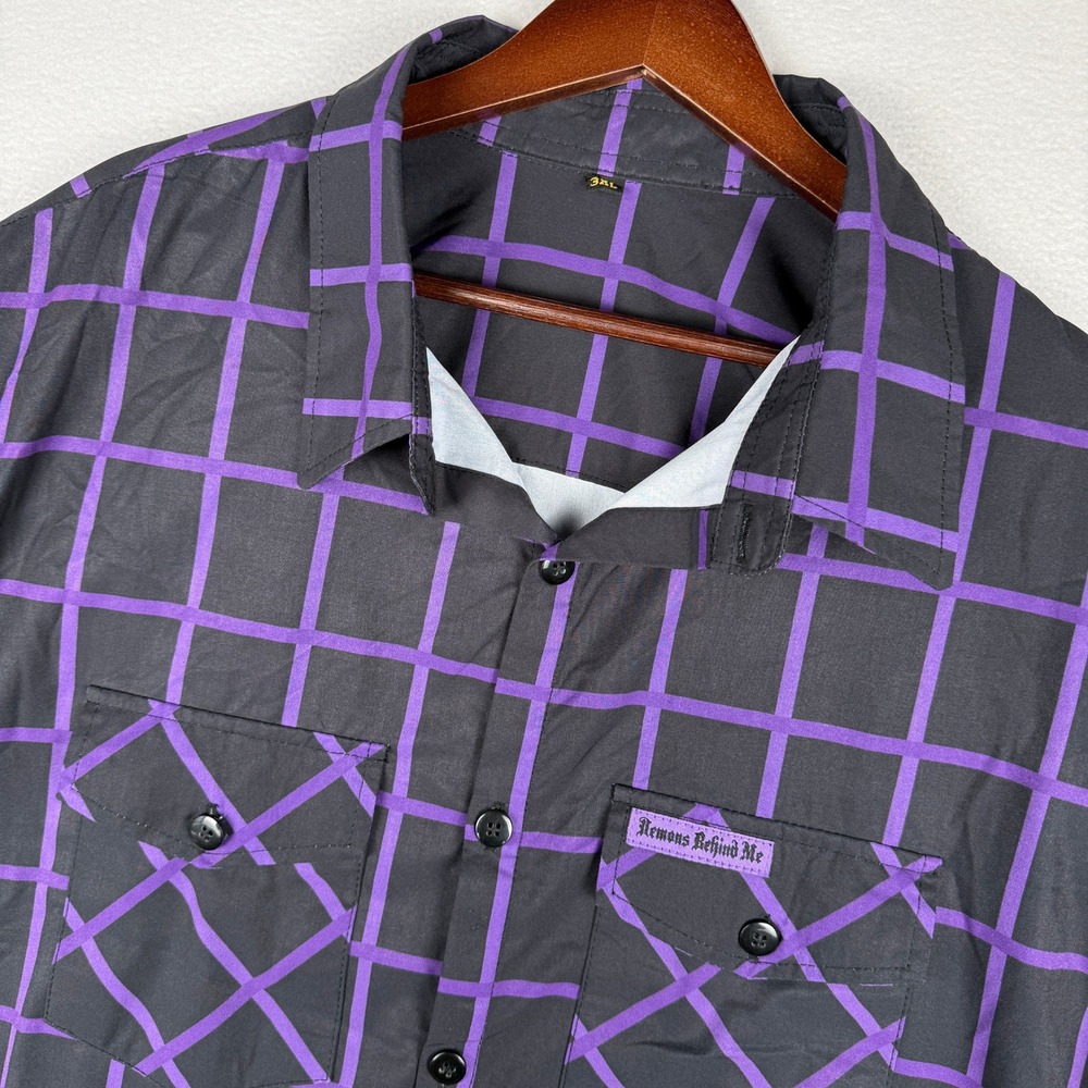 Demons Behind Me Button Down Shirt Mens 3XL Black Purple Grid Plaid Alt Grunge